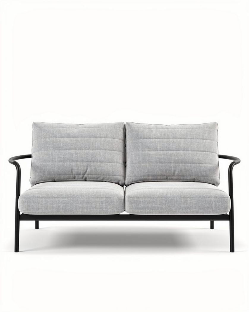 Tweekleurige metalen bank met grijze stof kussens 160 x 80 x 70cm