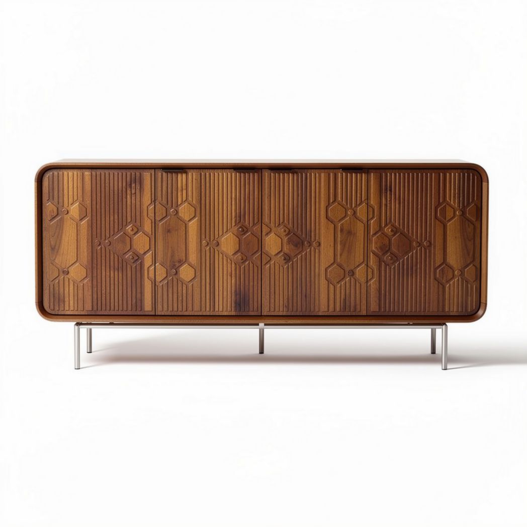 Houten TV-meubel met geometrisch patroon en stalen poten 150 x 40 x 70cm