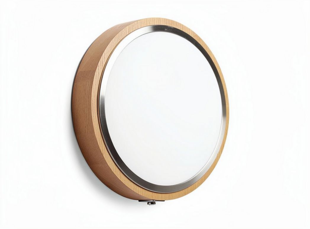 Houten wandlamp met ronde vorm en kunststof lichtdiffuser 30 x 30 x 5cm