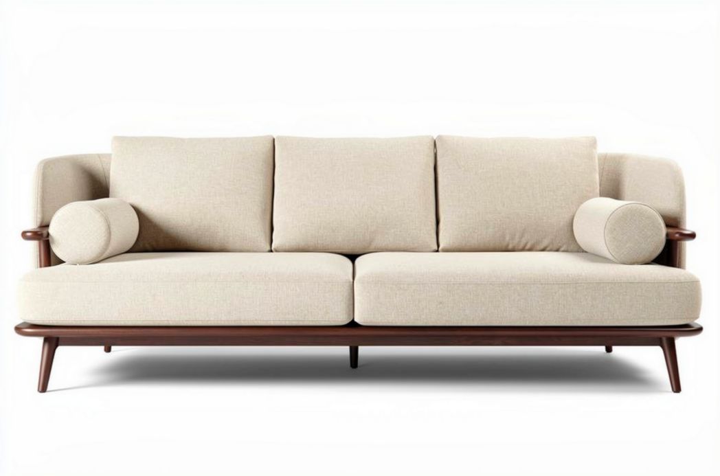 Beige bank van stof met houten onderstel afmetingen 200 x 90 x 85cm