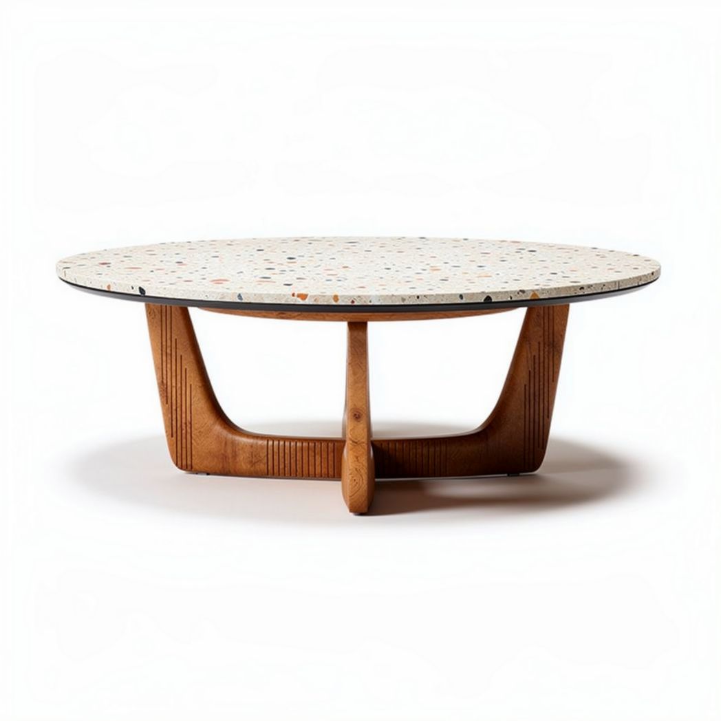 Ronde salontafel van hout met terrazzo blad 65 x 65 x 40cm