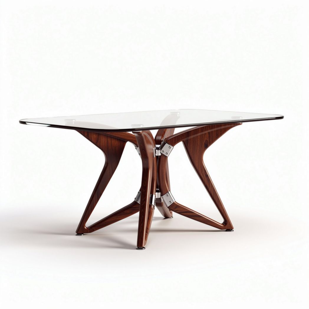 Glazen eettafel met gebogen houten poten in walnoot 120 x 80 x 40cm