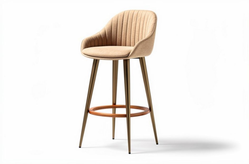 Houten barkruk met stoffen zitting en rugleuning in beige 40 x 40 x 100cm