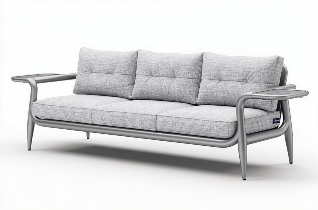 Grijs stoffen bank met aluminium frame en afmetingen van 180 x 80 x 70cm